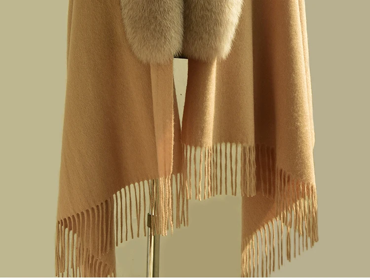Schulterwickel aus reiner 100 % Wolle mit verlängertem echtem Fuchspelzkragen für Frauen, Hochzeit, Party, Pelzumhang, Herbst-Winter-Mode-Umhang – Detail 11