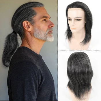BIO/Pelle Completa PU Capelli Umani Uomini Parrucchino 1B40 Grigio Bianco 13 "Lunghi Lisci Parrucche Dei Capelli Umani Per Gli Uomini Sistemi di Sostituzione Pezzo di Capelli
