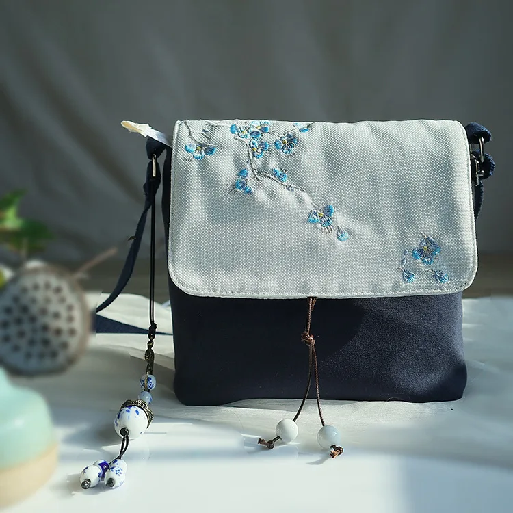 Chinese Style Artistic Canvas Cotton Linen Ancient Embroidered Crossbody Bag Japan Style Women Light Cross Bags