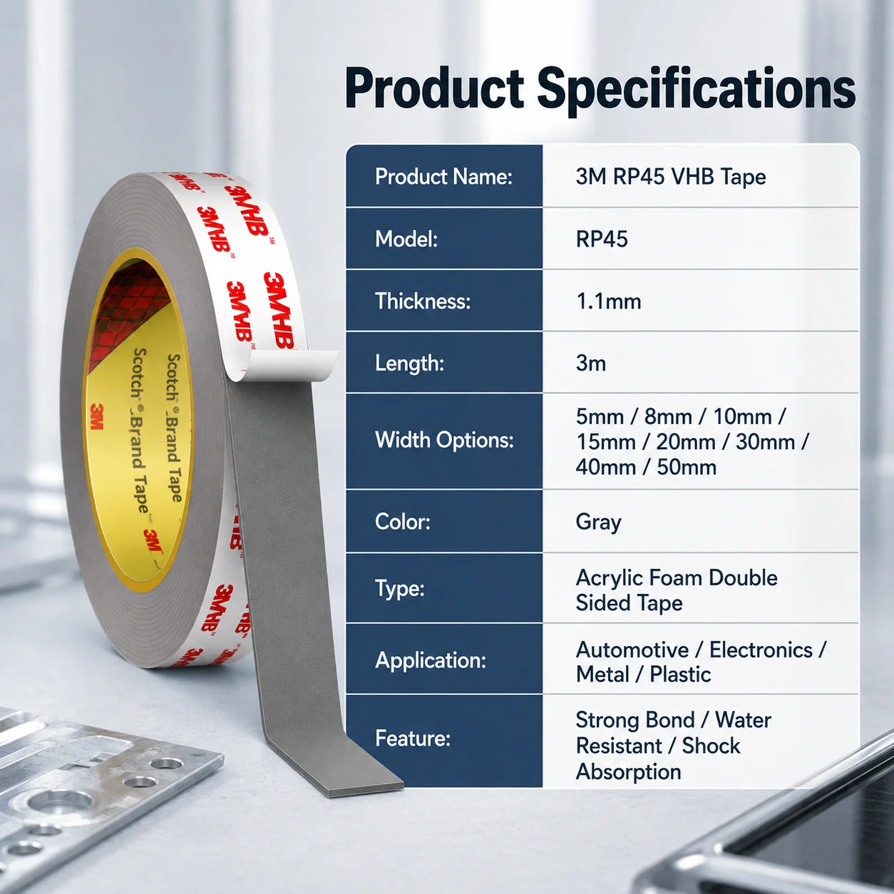 High-Strength Gray Acrylic Foam Double Sided Mounting Tape, 1.1mm Thick, Ideal for Automotive, Electronics, and Metal Applications