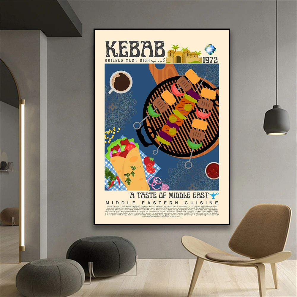 

Vintage Style Kebab Poster Middle Eastern Food Wall Art Prints Modern Home Kitchen Decor Retro Dinning Room Canvas Painting