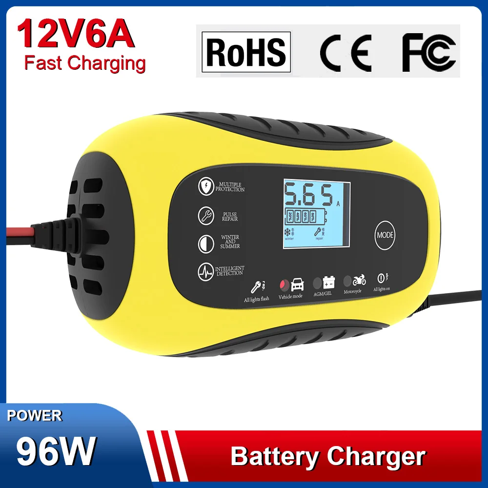 

6A12V Battery Charger Smart Car Motorbike Pulse Repair Lead-acid Batteries 96W Tool Recharge Overcharge Protection