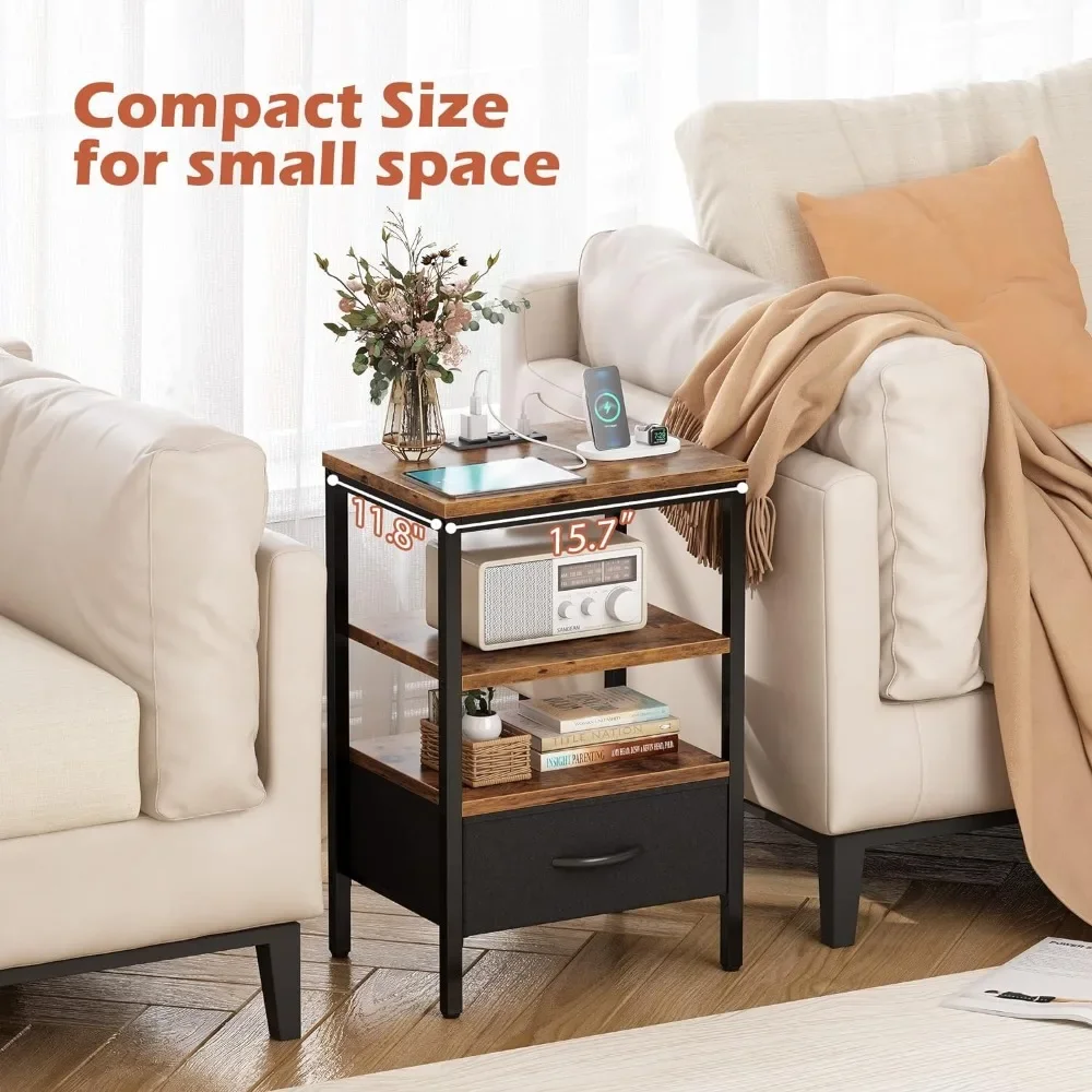Nightstand Set of 2, Bed Side Tables with Charging Station, Adjustable Fabric Drawer, Night Stand for Bedroom 5