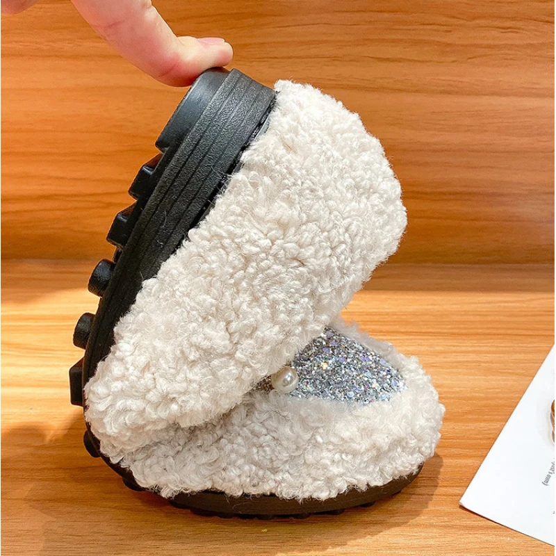 Big Size 35-43 Women Faux Wool Flats Winter Warm Shoes Plush Lining Pearls Chain Lady Loafers Female Boat Shoe Top Quality 555-2