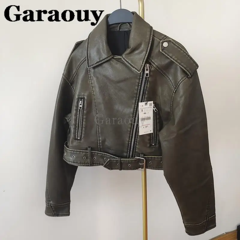Garaouy 2023 New Spring Woman Faux Leather Jacket Chic Vintage Short Lapel  Zipper Belt Biker Coats Fashion Streetwear Mujer Tops