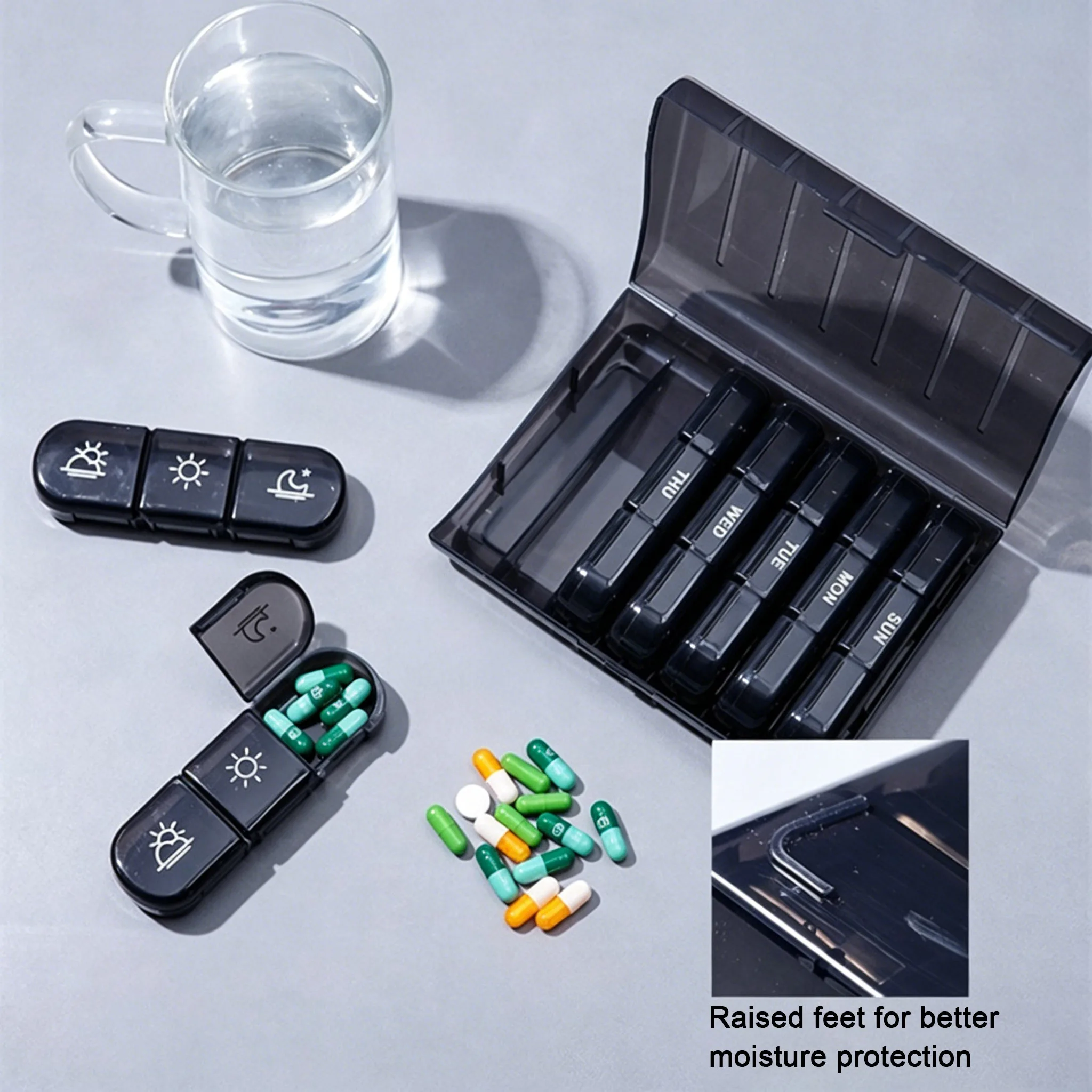 Weekly Pill Organizer with 21 Compartments - Portable Travel Medicine Dispenser for Morning, Noon, and Night Pills, Sea Blue