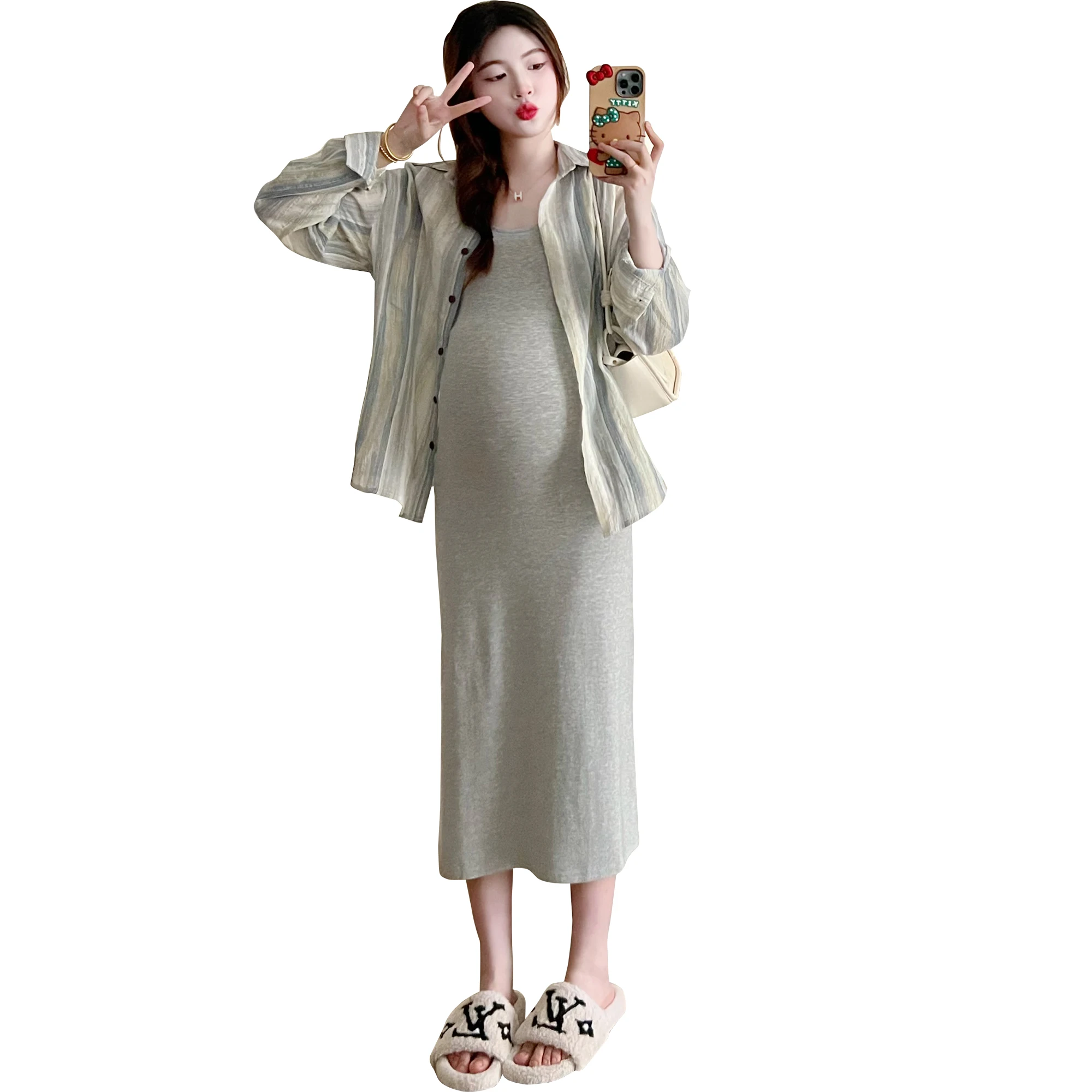 Good Quality Fashion Maternity Dress Suits for Spring Long Sleeve Turn-down Collar Striped Shirts Strap Dress Pregnant Woman Set