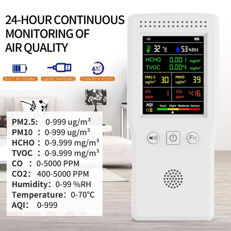 9In1 Air Quality Detector PM2.5 PM10 HCHO TVOC CO CO2 AQI Temperature Humidity Monitor LCD Display Advanced Detect Real Sensor