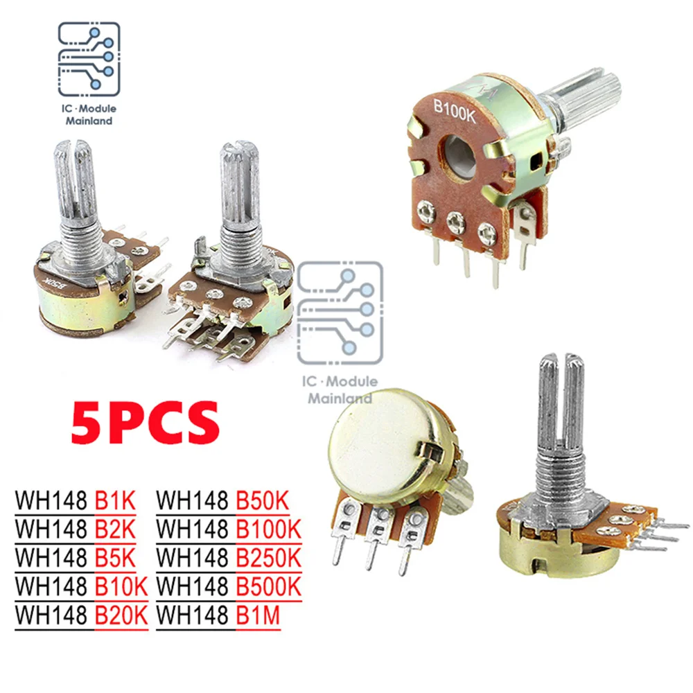 5pcs potentiometer resistance wh148 3pin 1k 2k 5k 10k 20k 50k 100k 500k 1m ohm linear taper rotary potentiometers resistor 20mm 5Pcs/lot Potentiometer WH148 1K 5K 10K 50K 100K 500K 1M Ohm 15mm  3Pin Linear Taper Rotary Potentiometer Resistor for Arduino