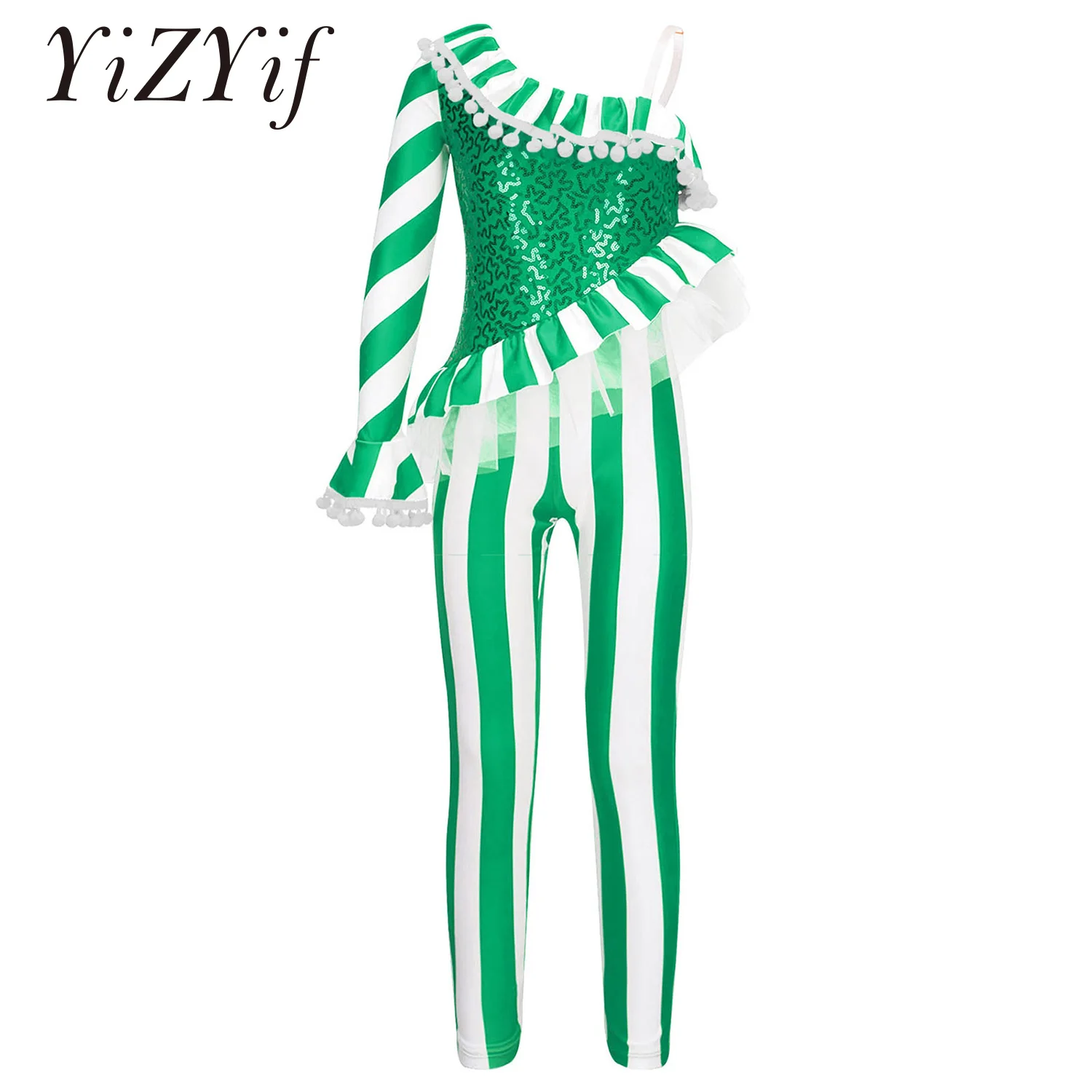 Kid Girls Candy Cane Christmas Dance Bodysuit One Piece Jumpsuit Unitard One Shoulder Xmas