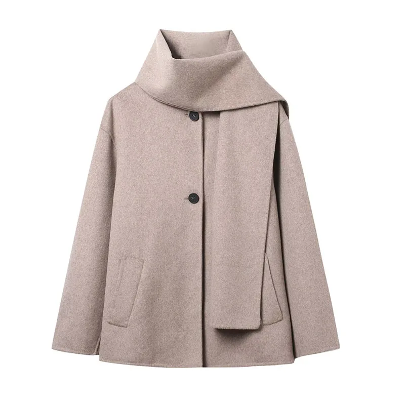Women's Spring Winter Scarf Collar Jacket Warm Long Sleeve Blended Coat Loose Elegant New Outerwear Fashion High Street Coats ﻿