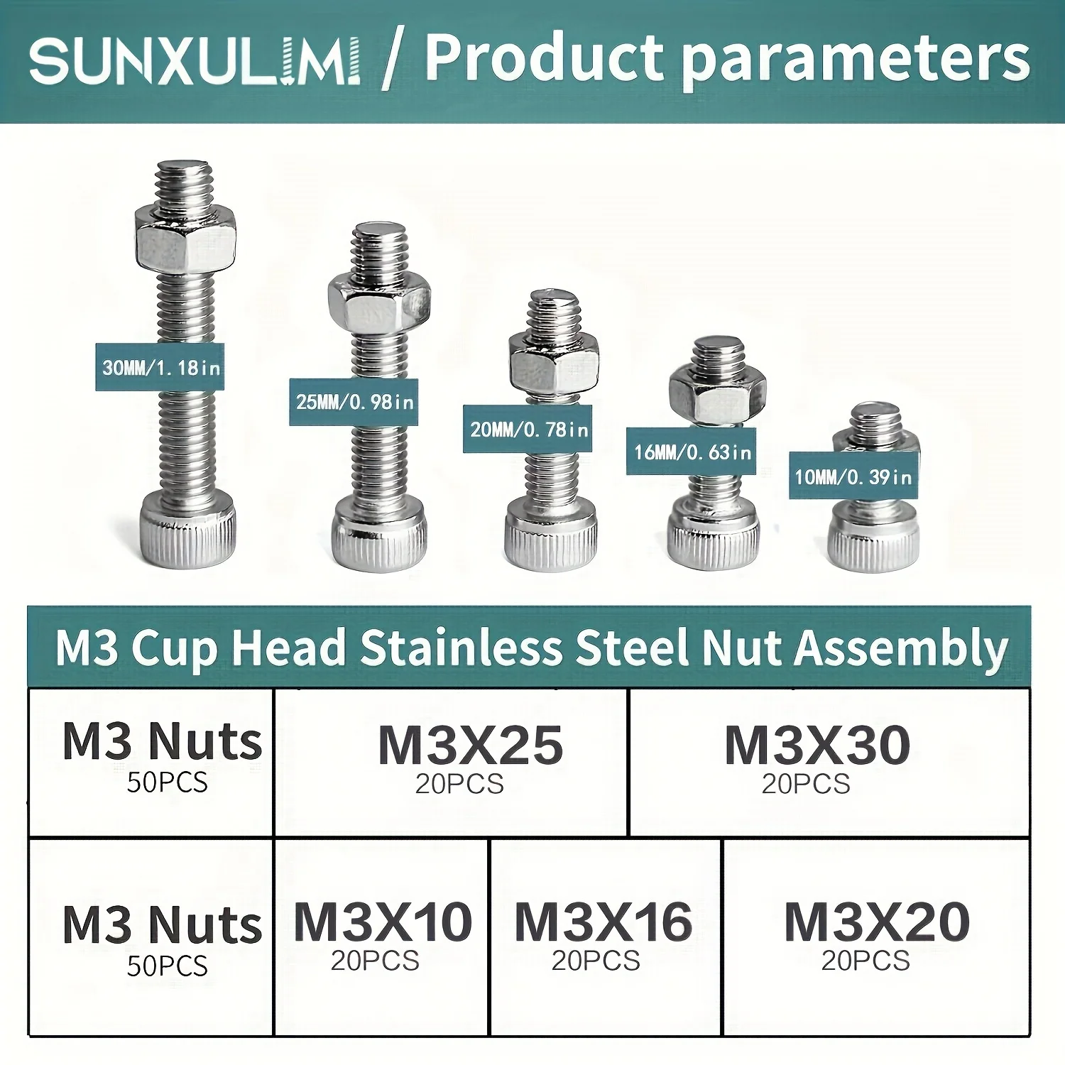 Screw Bolt Nut Set M3 x 10mm 16mm 20mm 25mm 30mm hexagon socket head 304 stainless steel for stainless steel screws hexagon socket head cap screw hex nuts assortment kit