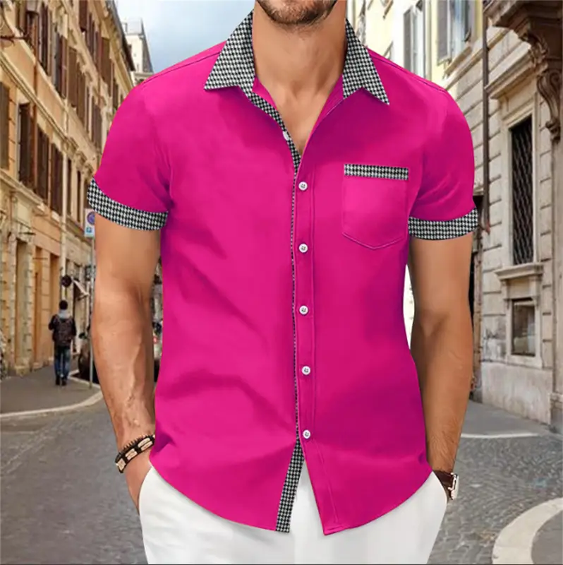 Patchwork Printed Shirt for Men, Solid Color, Comfortable and Soft Short Sleeve Top, Large Size, Summer New - Image 13
