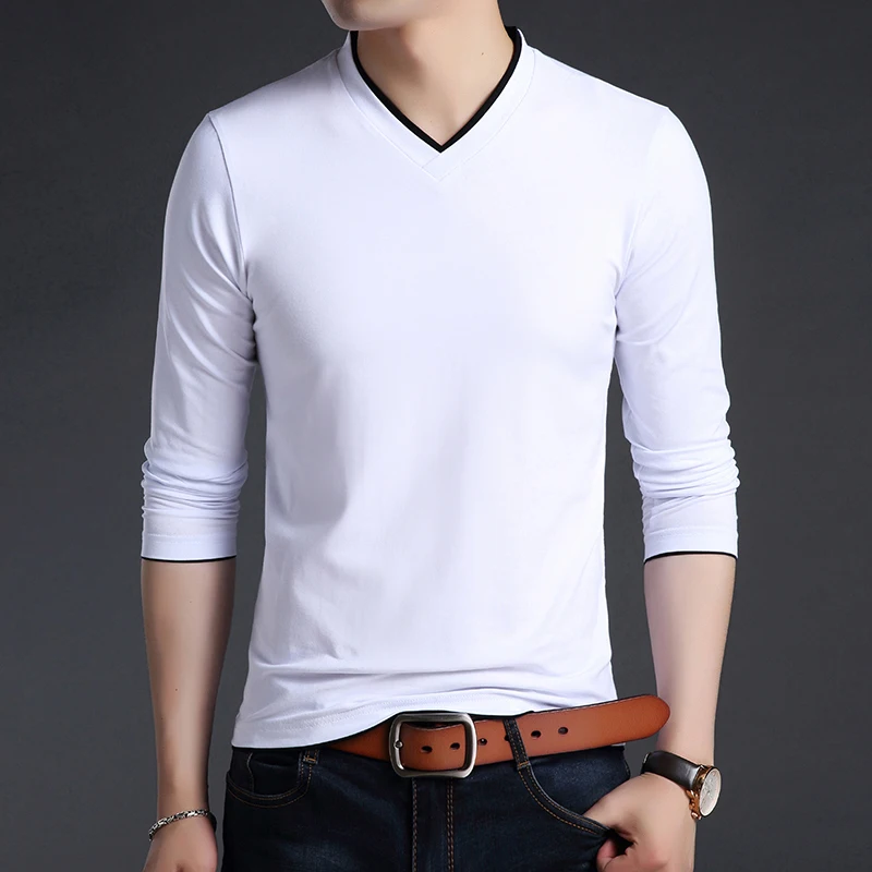 

spring autumn Fashion Brand T Shirts Male V Neck Street Wear Tops Trending Mercerized Cotton Korean Long Sleeve Tee Men T-shirt