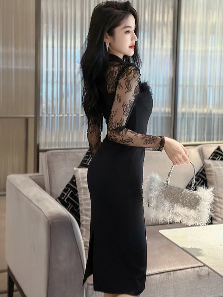 High Neck Black Club Dress With Sleeves Long Sleeve Black Mesh Dress Short Black Dress With High Neck Black Club Dress With Sleeves Long Sleeve Black Mesh Dress Short Black Dress With