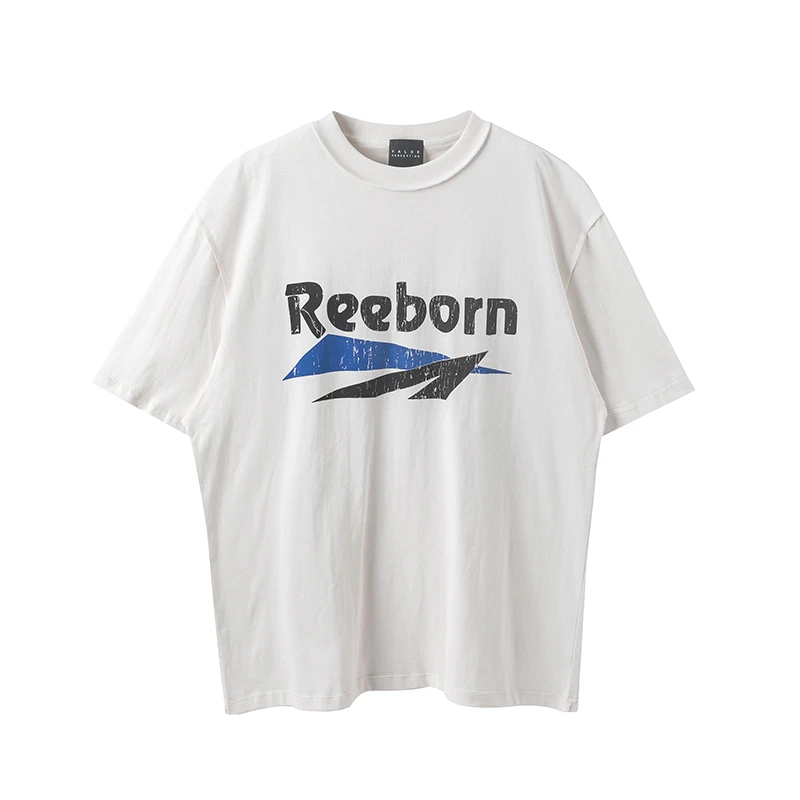 Camiseta informal de algodón estilo americano de manga corta con estampado de letras y grietas de verano lavadas con eslogan retro vintage