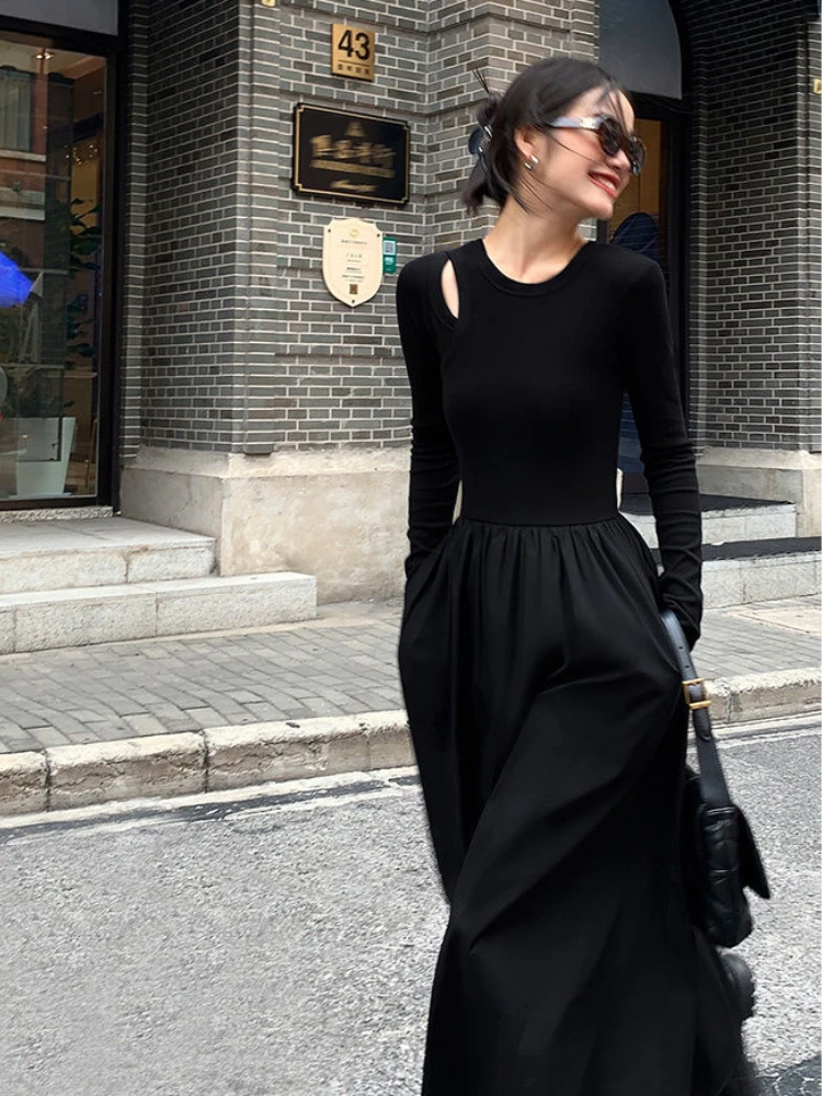 

Deeptown Korean Fashion Black Midi Dress Women Vintage Elegant Basics Cut Out Folds Patchwork Long Sleeve Tunic Dresses Autumn