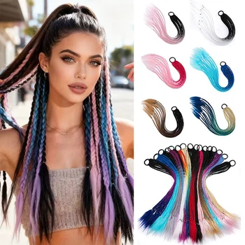 Synthetic Multi-Strand Rainbow Long Straight Braid Hair Extensions Elastic Rubber Band  Ponytail Hair Accessories for Women 1