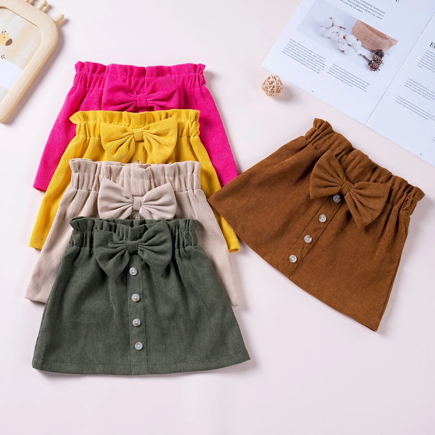 Toddler Baby Girl Solid Button Skirt With Bow Trim Casual Spring And Autumn Short mini skirt