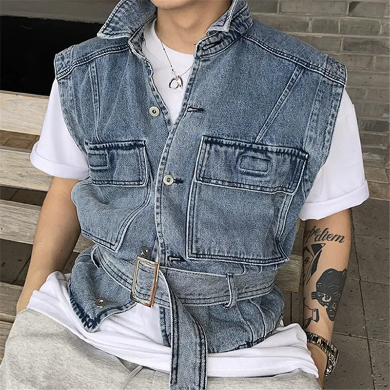 

Denim Vest Men Fashion Coats Male Waistcoat Loose Men Clothing Jeans Gilets Vintage Sleeveless Cargo Jacket Streetwear Casual