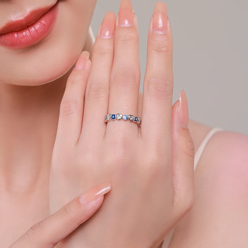 Silver Ring for 925 Sterling Silver Enamel Blue Eyes Women Romantic Heart Stackable Fashion Fine Jewerlry Birthday Gifts