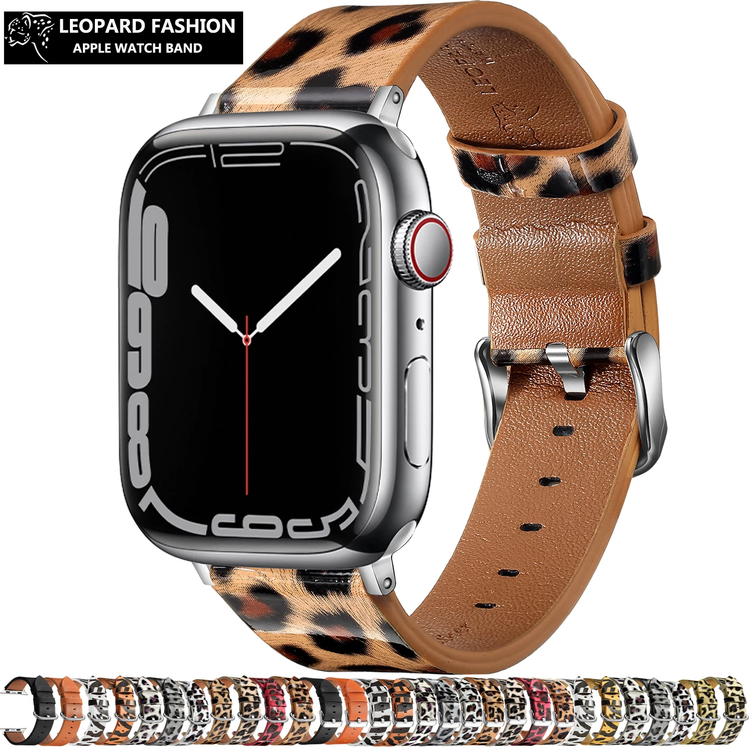 Leopard Print Leather Bracelet For Apple Watch 38mm 40mm 41mm 42mm 44mm  45mm Handmade Women Fashion Design iWatch Band Rose Gold Jewelry Adjustable