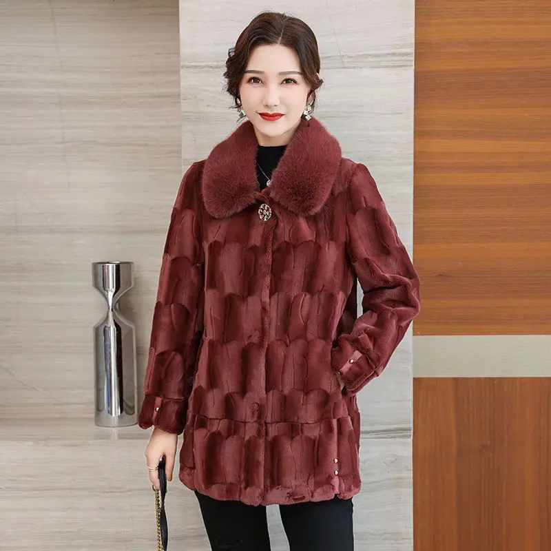 Elegance Imitation Mink Fur Coat for Middle-Aged Women, High-End Thicken Warm Loose Outcoat, Mid-Length Fashion Casual Outwear