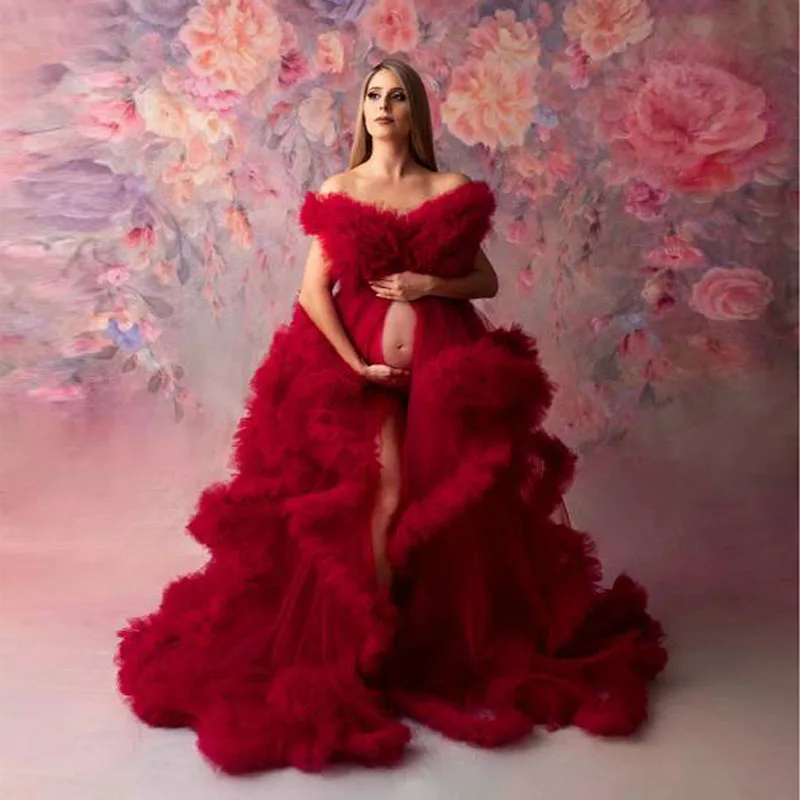 Red Ruffled Tulle Maternity Dresses For Pregnant Women Photo Shoot Prom Gown Split Flowy Baby Shower Dress