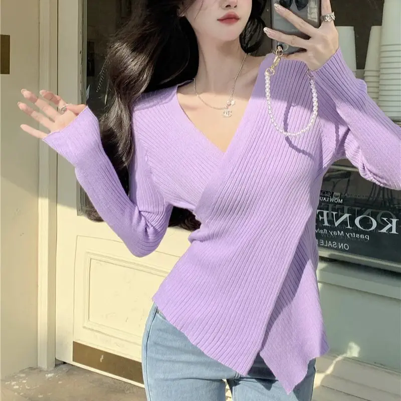 

Hsa Women Sexy Slim V Neck Irregular Pullover Jumper Soft Warm Long Sleeve Knit Solid Pink Blue Knit Sweater 2023 Winter Tops