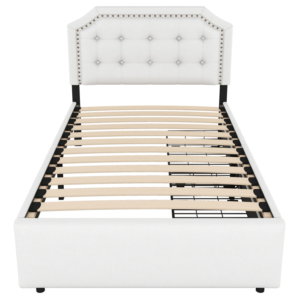 Elegantes gepolstertes Flachbett 90 x 200 cm – hellbeiges Bett mit Nietenverzierung, 2 Schubladen mit Stauraum, platzsparende Schlafzimmermöbel – Detail 8