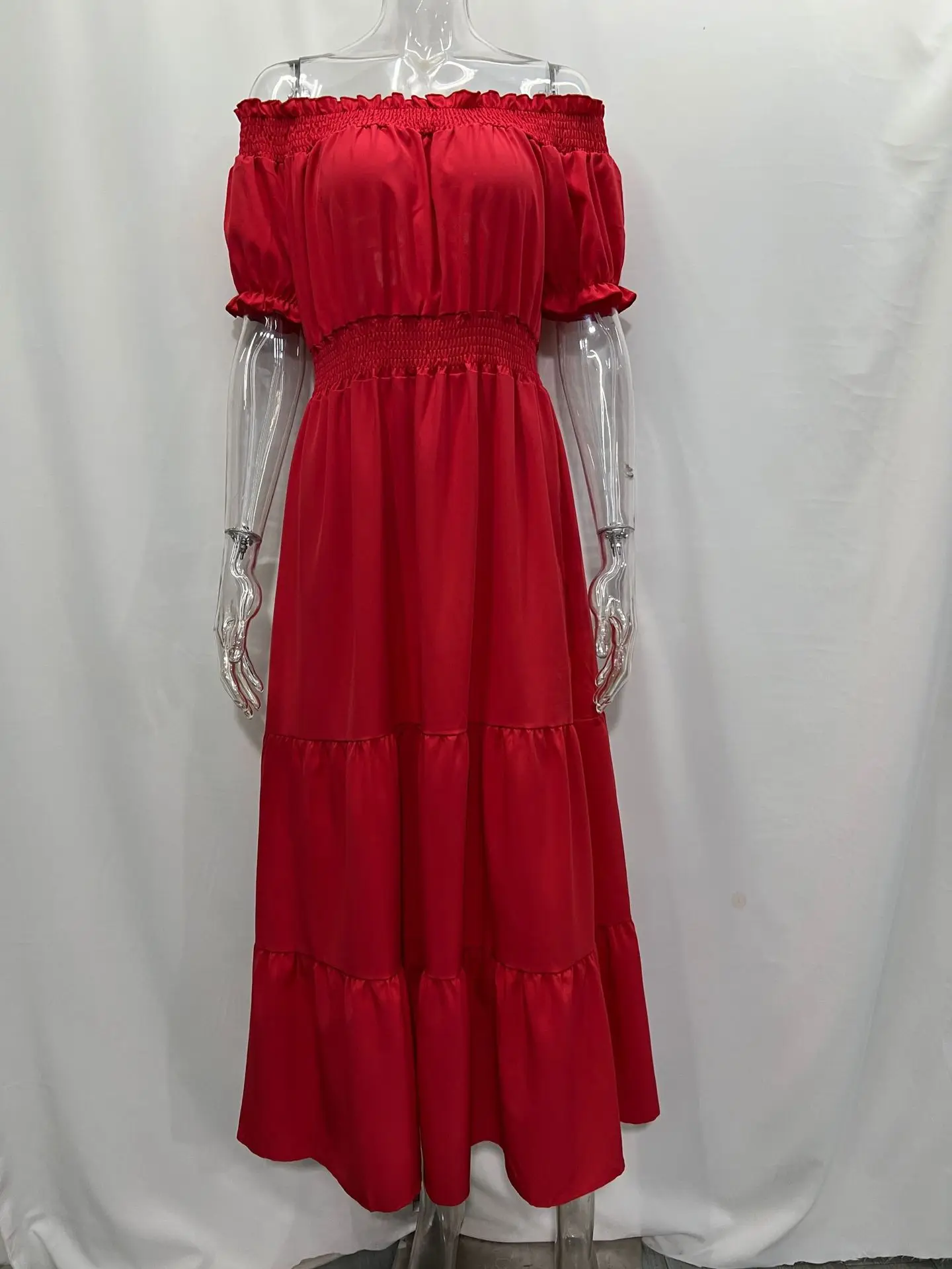 Vestido de verano 2025 rojo de manga corta, sexy, para fiesta de noche, largo, ajustado, de color liso, con volantes, cintura elástica y cuello oblicuo.