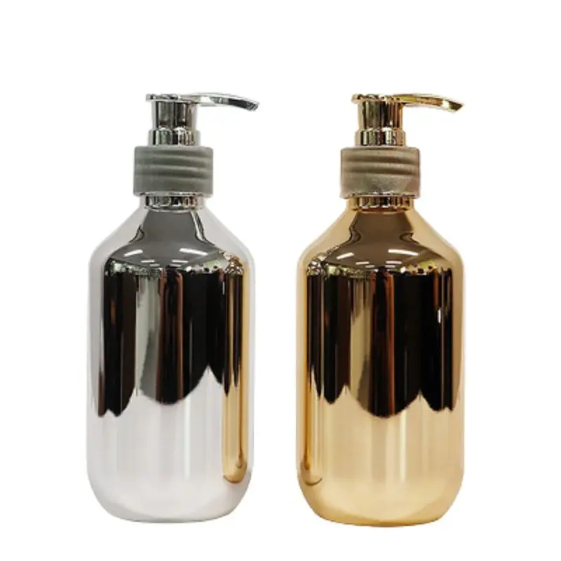 

10Pcs Shampoo Bottle 300ml Round Shoulder PET Silver Gold Refillable Packaging Container Empty Plastic Lotion Pump Bottles