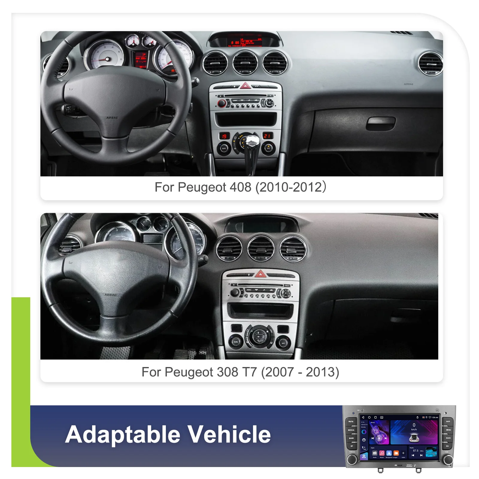 Radio para coche Podofo de 7 pulgadas, 4+64G, para Peugeot 408 2010-2012 /308 T7 2007-2013, FM RDS, WIFI, GPS, reproductor multimedia para coche, CarPlay inalámbrico, Android Auto, autoradio 3