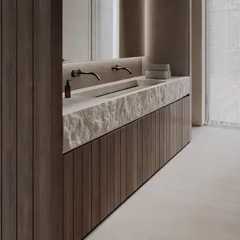 วินเทจ Travertine อ่างล้างจานคู่คอนโซลพื้นผิว Undermount อ่างล้างหน้าพร้อมท่อระบายน้ําปกปิด, โต๊ะเครื่องแป้งหินเลี้ยงกลางศตวรรษ 1