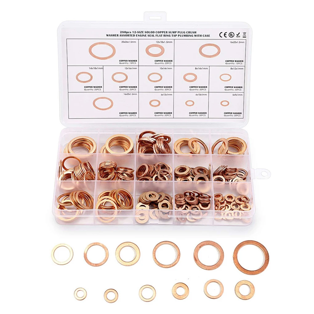 

280Pcs Kit Copper Gasket Assortment Engine Machinery Sealing Ring Portable Boat Factory Woodworking Washer Repair