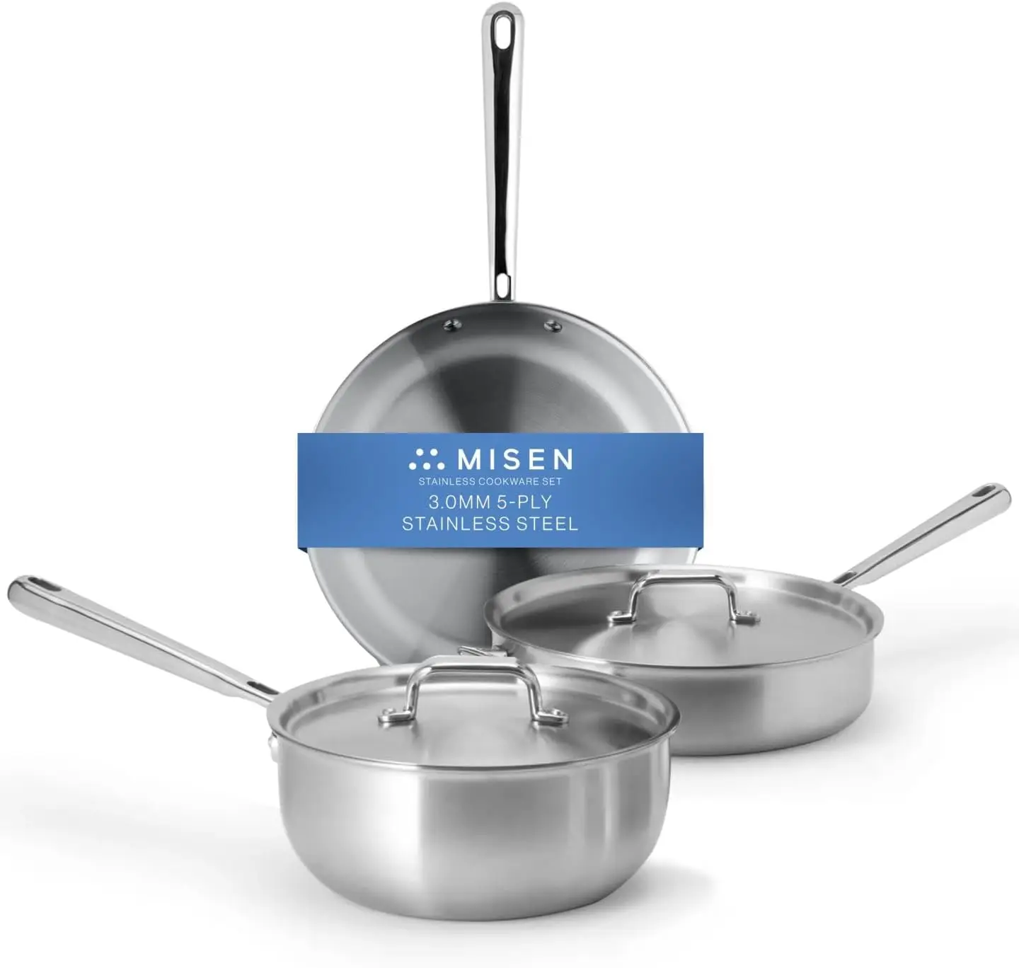 

Misen 5-Ply Stainless Steel Cookware Set: 3 QT Stainless Steel Saucier with Lid, 3 QT Saute Pan with Lid & 10" Frying Pan