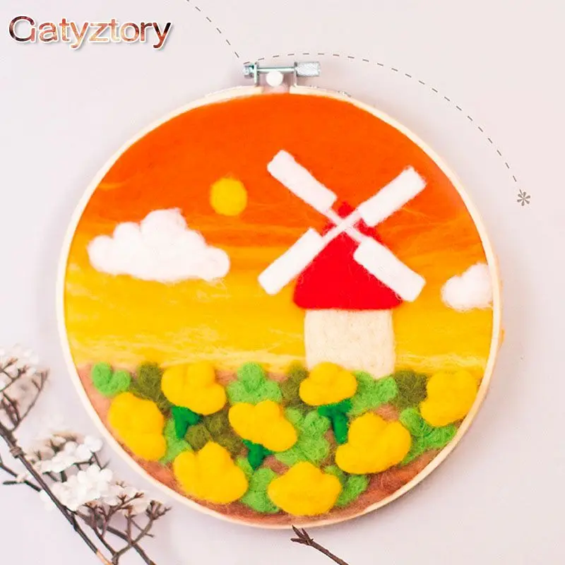 

GATYZTORY DIY Wool Felting Painting With Embroidery Kit Landscape Needle Wool Handcraft For Home Decor Beginner Painting Gift