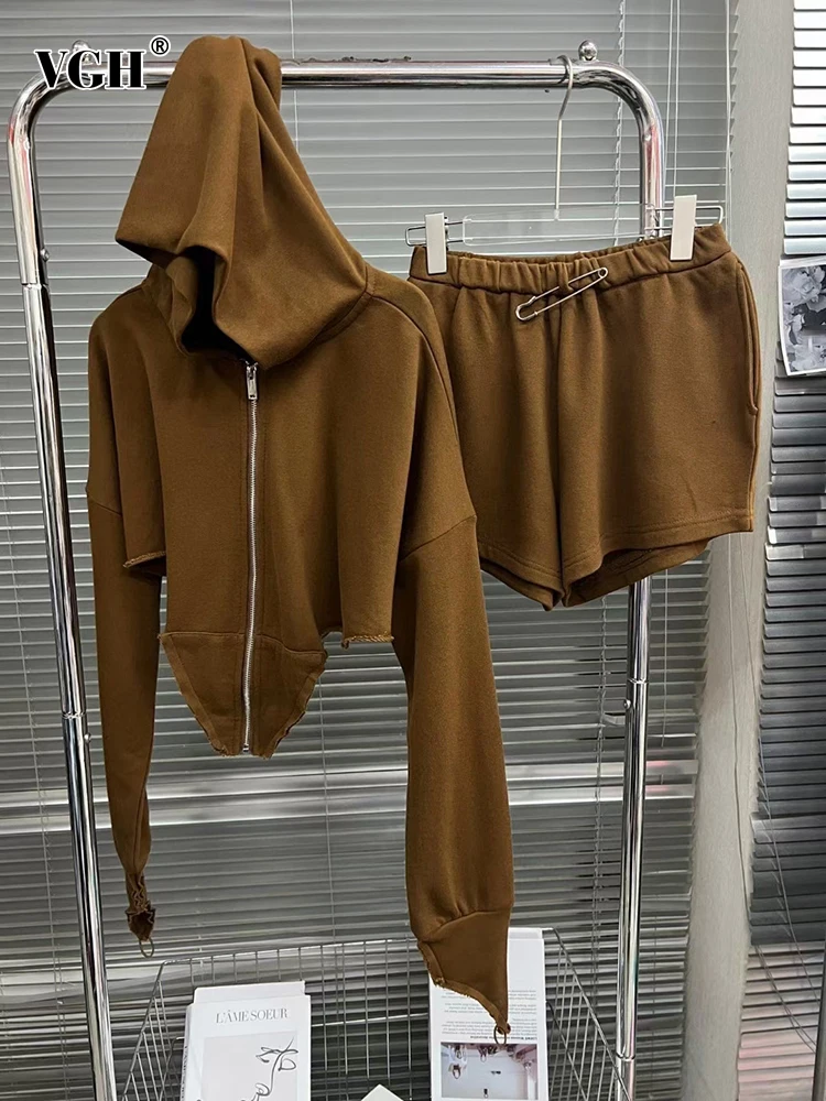 

VGH Solid Two Piece Set For Women Hooded Long Sleeve Spliced Zipper Hoddies High Waist Loose Shorts Casual Sets Female Fashion