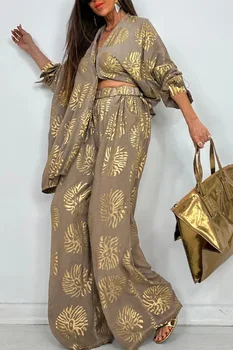 Women Oversized Print Shirt Pants Sets Lapel Long Sleeves Top High Elastic Waist Wide-leg Pant Suit Female Two Piece Set Outfits 1