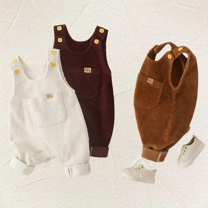 

2024 Children's Overalls Kids Vintage Corduroy Sleeveless Rompers for Girls Boys Infants Korean Bib Pants Toddlers Suspenders