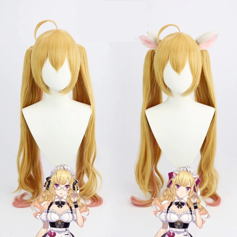 

VTuber Youtuber Takamiya Rion Cosplay Wig with Ears Blond Long 75cm Straight Ponytail Synthetic Hair Halloween Party Role
