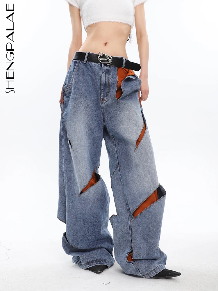 

SHENGPALAE Irregular Holes Old Washed Jeans American Streetwear Design Sense Loose Women Pant Trousers 2023 Spring Trendy 5R1533