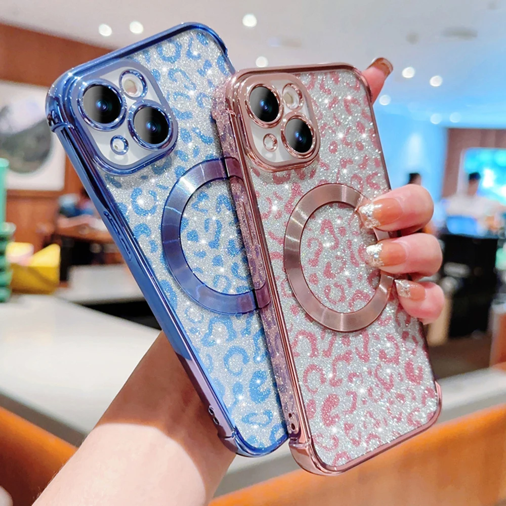 Plating Magnetic Clear Phone Case For iPhone 15 14 13 12 11 Pro Max Plus Glitter Leopard Pattern Soft Silicone Cover_voghion.com