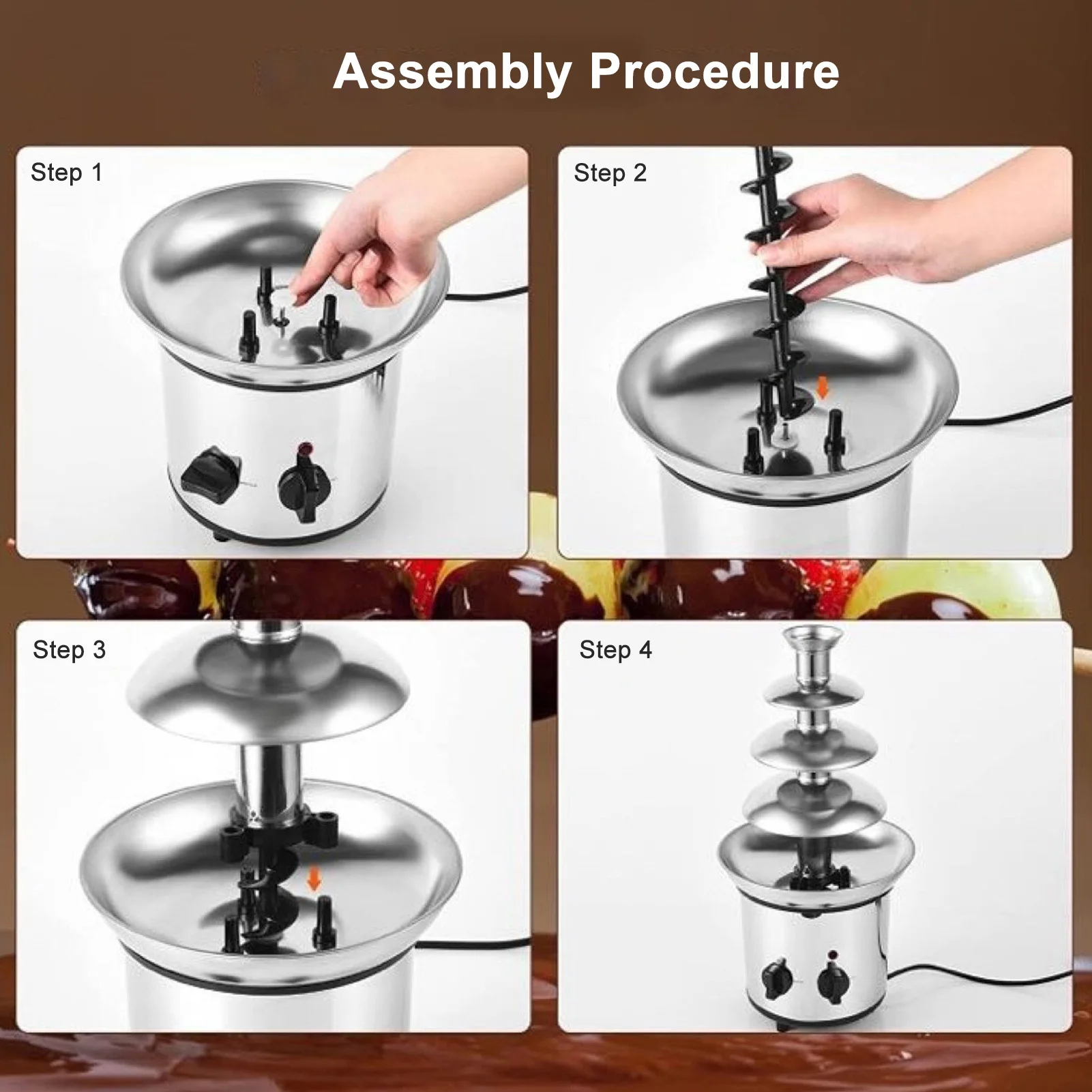 4 Tier Electric Chocolate Fondue Fountain Machine for Party Stainless Steel Quiet Operation Adjustable Temperature Control 110V