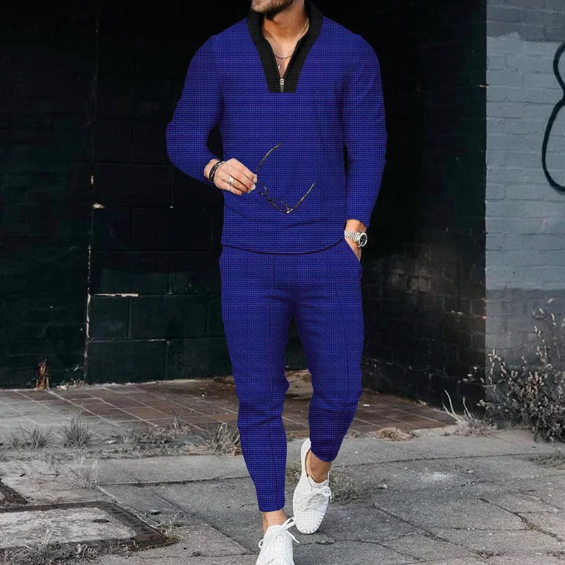 Waffle Fabric Two-piece Suits Men's Zipper V Neck Long Sleeve Tops Slim Fit Lace-up Pencil Pants Fashion Sports Casual Male Sets
