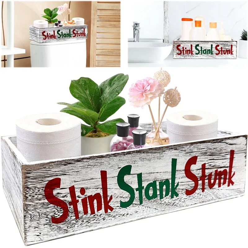 

2 Pieces Wooden Stink Stank Stunk Bathroom Decor, Stink Stank Stunk Bathroom Decor Toilet Paper Box