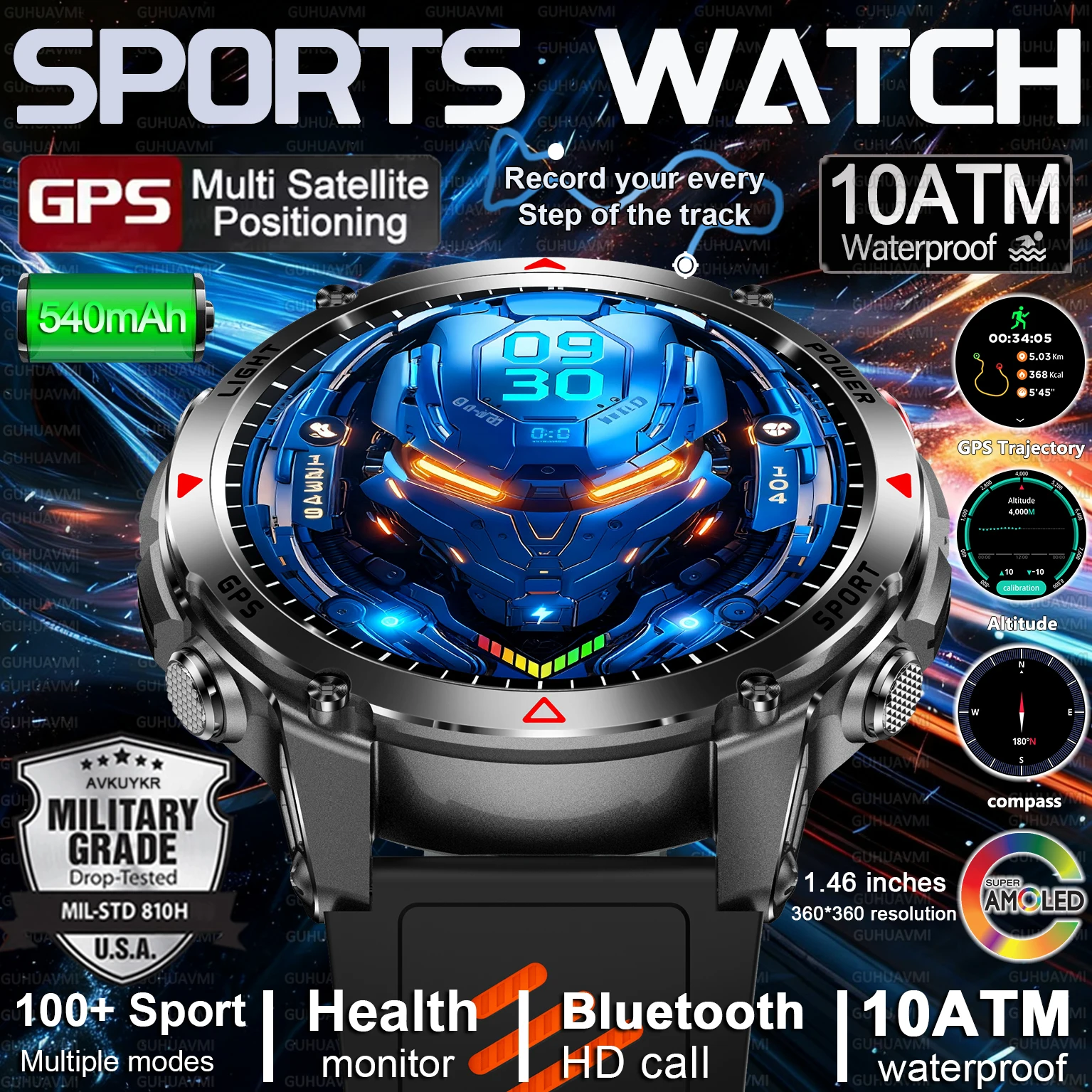 2026 New Men GPS Outdoor Sports SmartWatch Military quality AMOLED HD Screen Display Heart Rate Call 10ATM Waterproof Bracelet