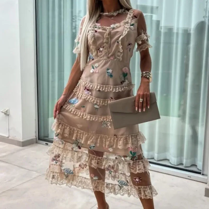 

Женское облегающее платье с коротким рукавом, элегантное кружевное платье в стиле пэчворк, привлекательное длинное платье с сетчатым принтом