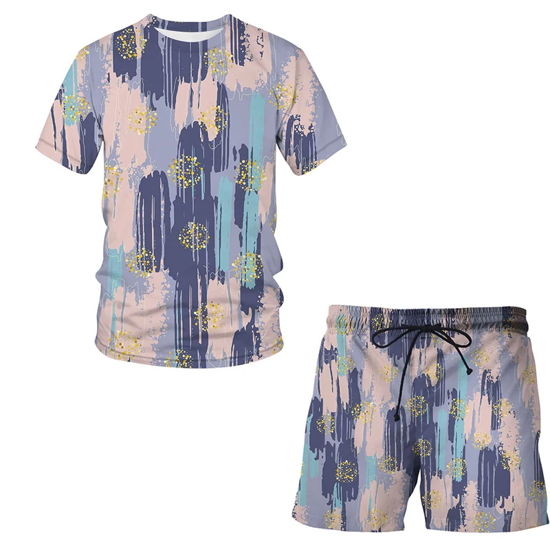 

Men's Art Painting 3D T-shirt set Graffiti printed breathable short sleeve shirt beach shorts Street casual mens set summer 2pcs
