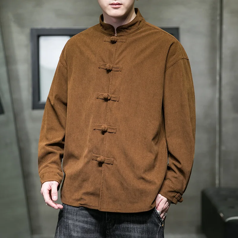 Chinese Style Mens Stand Collor Corduroy Long Sleeve Tops Shirt Slim Fit Cardigan 2024